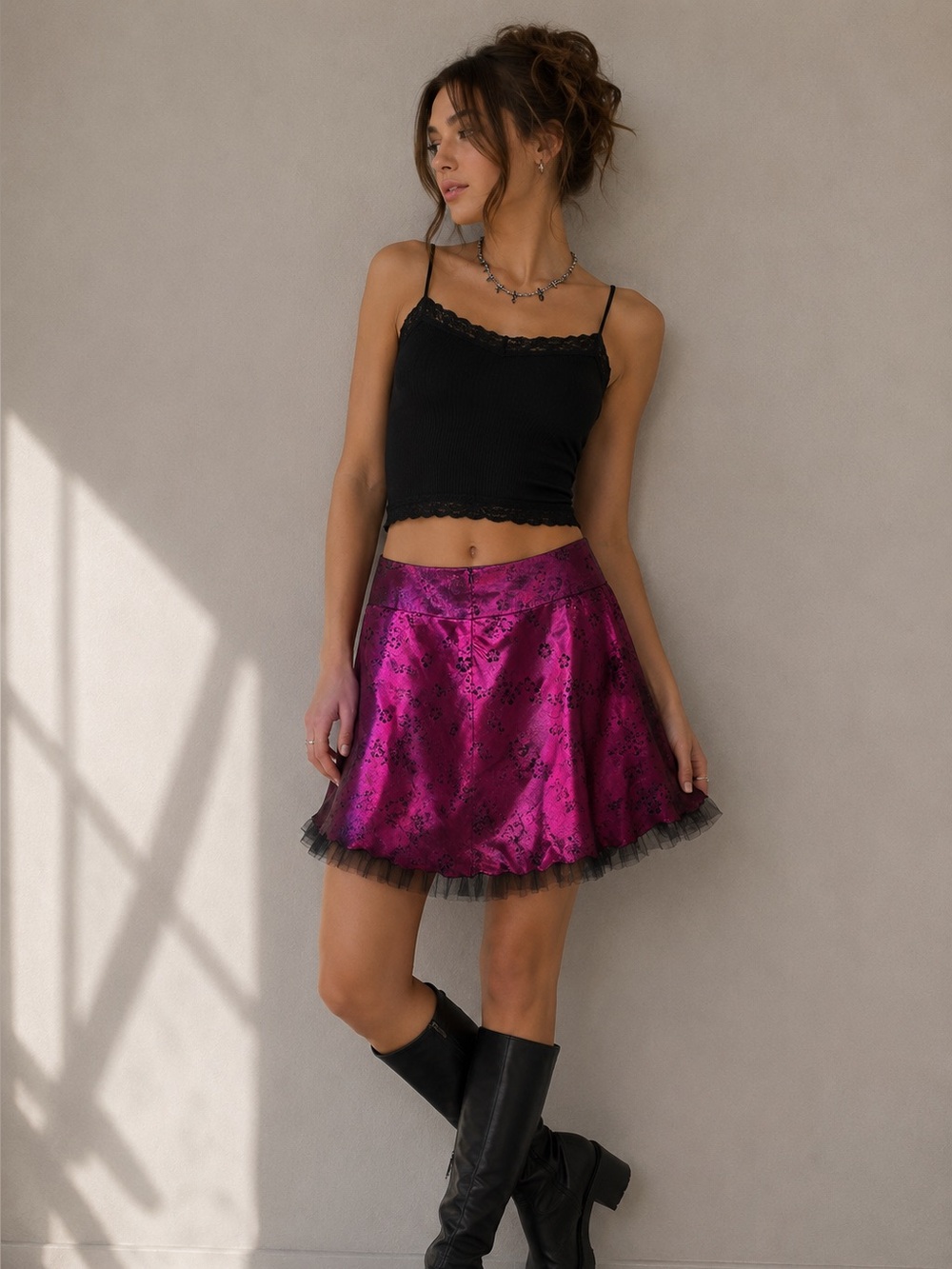 Vintage HeartSoul Fuchsia Floral Satin Skater Skirt Y2K Fairycore Whimsigoth L